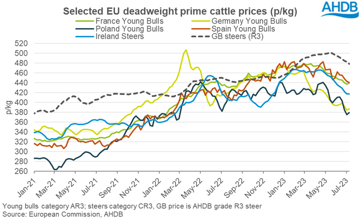 Graph showing weekly cattle prices across the EU